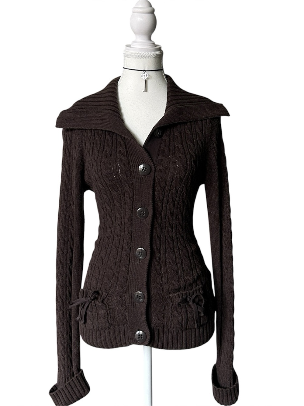 Y2K Coquette “Esprit” Brown Cable Knit Button-up Sweater Top